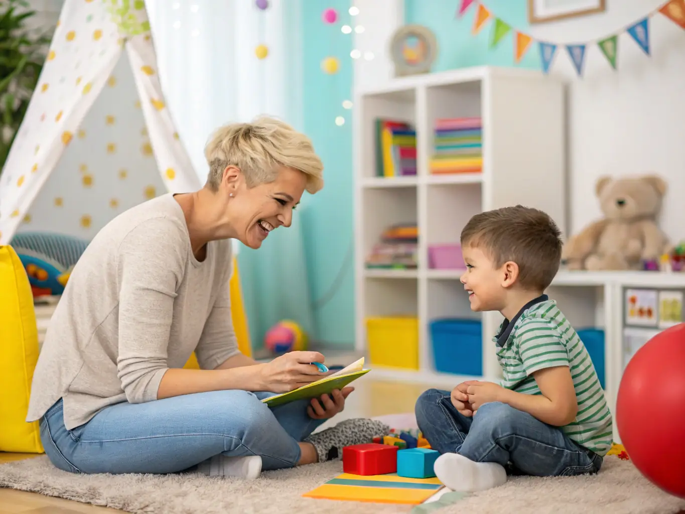 A warm and friendly nanny interacting with children in a brightly lit playroom, showcasing her caring and engaging nature.