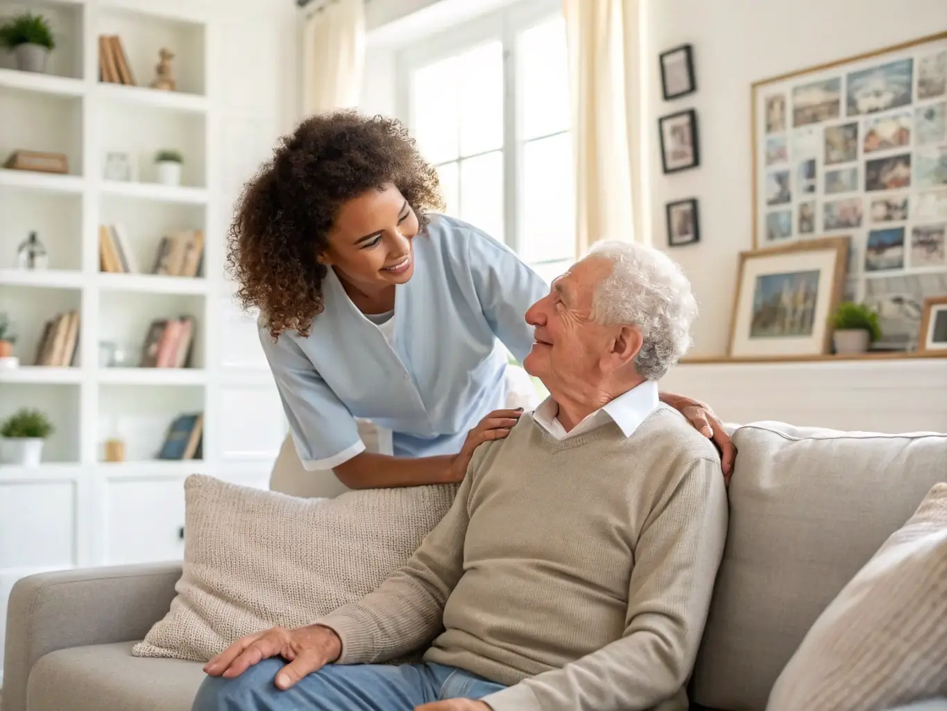 A compassionate caregiver assisting a senior with daily tasks, showing her patience and empathy.