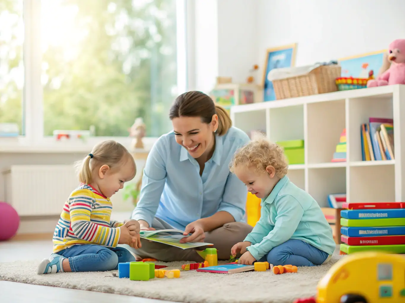 A warm and inviting image of a nanny playing with children in a sunlit living room, showcasing the nurturing environment WorkNest helps create.