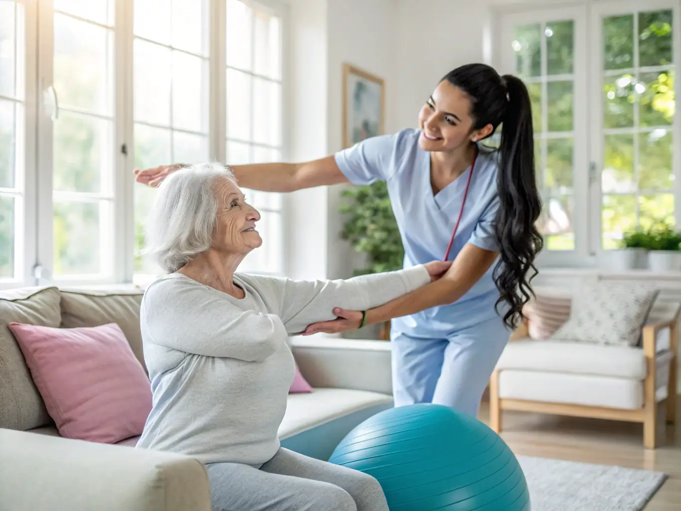 A compassionate caregiver assisting a senior with gentle exercises in a comfortable living room, demonstrating empathy and support.