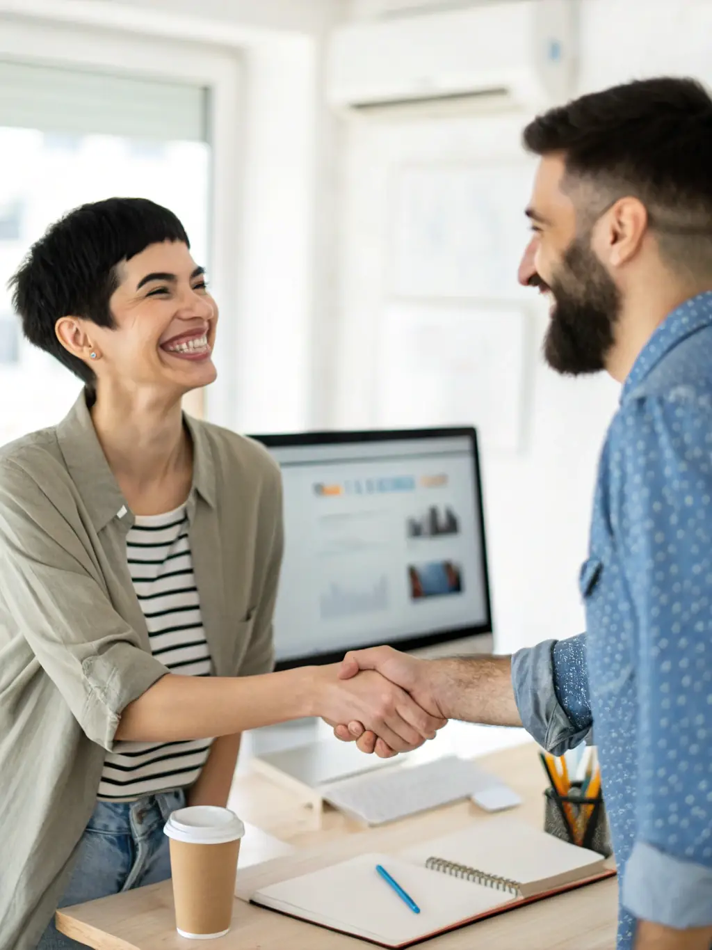 A friendly recruiter shaking hands with a potential nanny in a bright, modern office setting, symbolizing the initial consultation phase at WorkNest.